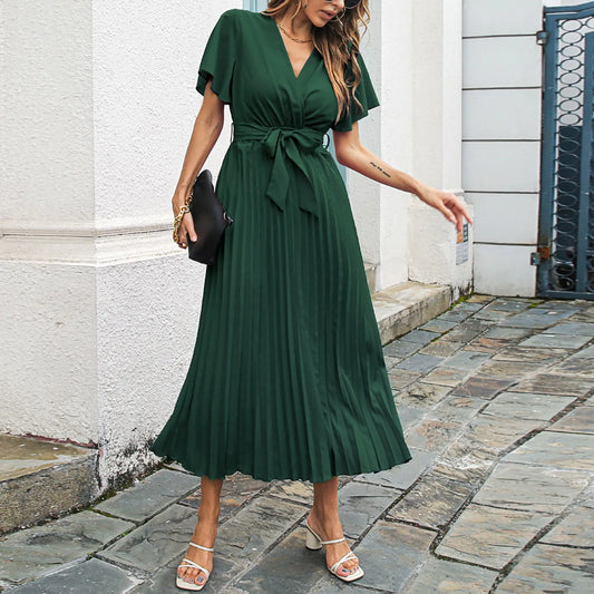 Pleated Maxi Dress with Belt